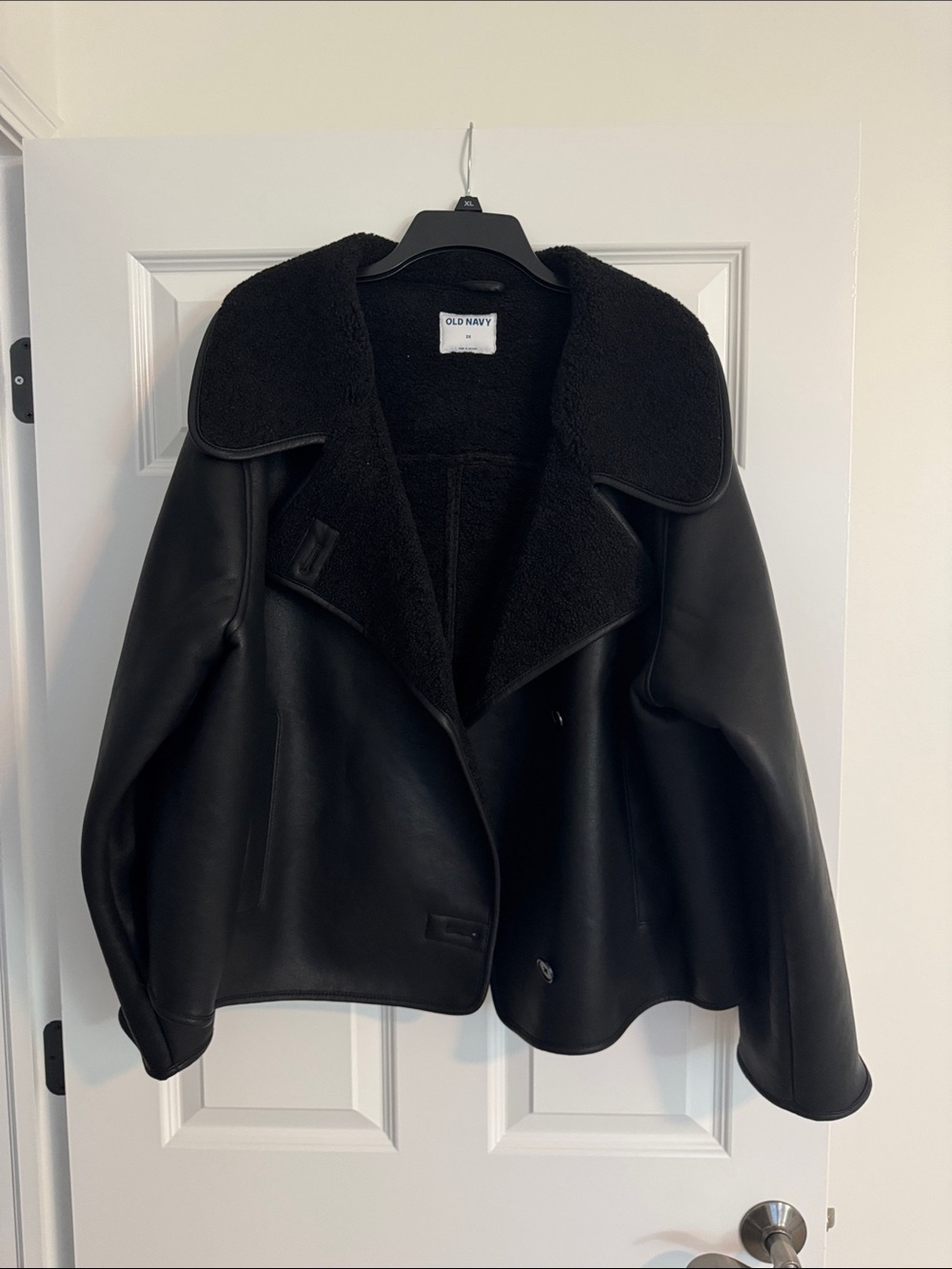 Old Navy Black Faux Leather Jacket with Sherpa Lining